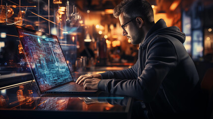 Fototapeta na wymiar man working on laptop at night