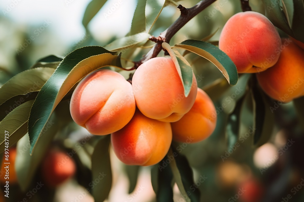 Poster generative ai : ripe peach close-up with peach orchard in the background.