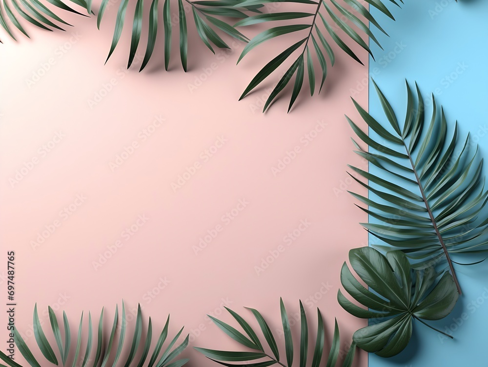 Poster generative ai : top view of tropical leaves and leaf shadows on pink and blue pastel color backgroun
