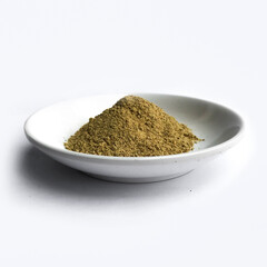 Ground black pepper on a Ceramic plate isolated on a white background.
