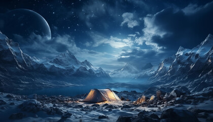 camping In the plateau snow mountains at night