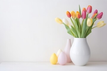 Generative AI : pink tulips in white ceramic vase on wooden table on background white wall