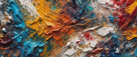 Oil brushes and pallet knives, a canvas is painted with a colorful and abstract texture that has a...