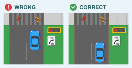 Safe driving tips and traffic regulation rules. Correct and wrong stoppage. Top view of car stopped car at 