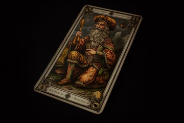 A tarot card of the Fool on a black background. Generative AI