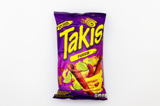 February 3, 2023. Spartanburg, SC USA. Takis Fuego hot chili pepper and lime rolled tortilla chips