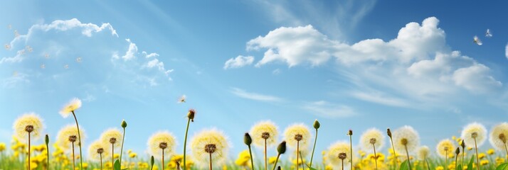 Meadow with lots of spring flowers yellow and white dandelions in sunny day in nature. Ultra wide banner format, panorama.