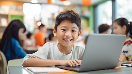 Fototapeta na wymiar Asian student in school, using laptop computer.