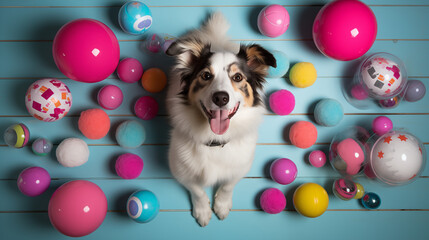 Fototapeta na wymiar Cute dog and her toys on teal background, happy puppy looking up.