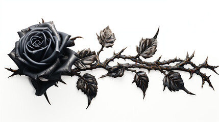 A dark, enigmatic black rose with thorns on a white background, suitable for gothic themes or remembrance events.