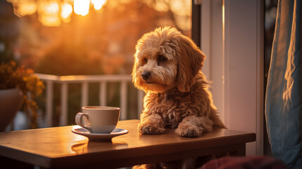 Young poodle with a cup of coffee on table sitting by the window, alone. Waiting on friends.