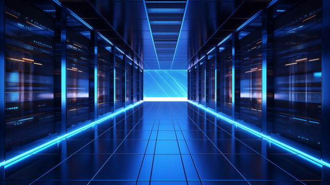 Inside of a modern data center. Blue neon lights illuminating long storage shelves.