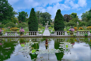 Formal garden with pond at Old Westbury, Long Island - 697490306