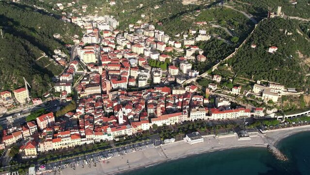 Aerial view of Celle Ligure at sunrise in northern Italy on the Mediterranean Sea