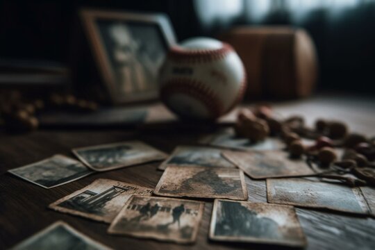 Baseball with worn appearance and sports cards blurred behind. Generative AI