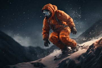 Illustration of extreme sport combining mountain climbing and snowboarding in orange suit for advertising design. Generative AI