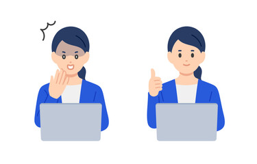 パソコンを見てショック･グッドのポーズをするビジネスパーソン女性のセット【人物ベクターイラスト素材】