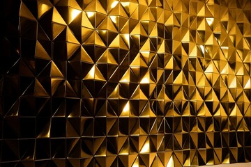 Shiny golden wall with polished diamond-shaped blocks arranged in a tile pattern. Generative AI