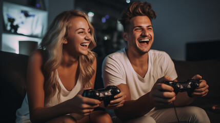 Young couple playing video games on a gaming console, using controllers.