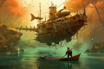 A captivating scene of a steampunk-inspired fantasy fishing expedition. Generative AI