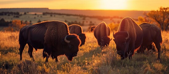 Bison grazing at sunset in fields.