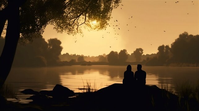 Romantic golden sunset river lake loving couple date beautiful Lovers  woman man together relaxing water nature around