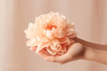 Hand holding beautiful peony peach color flower copy space