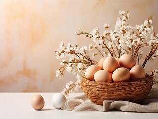 Beautiful easter table composition. Unpainted eggs with white decorative gypsophila wildflowers in wicker basket on stucco plaster textured background. Greeting card template. Copy space, close up.