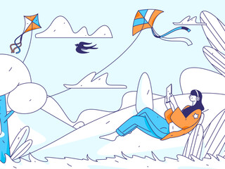 24 solar terms: Beginning of spring, rain, awakening of insects, spring breeze, Qingming Festival, Grain Rain, flat character vector concept operation hand-drawn illustration
