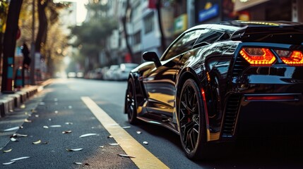 A black sports car parked on a city street