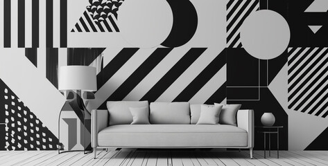modern living room interior, wallpaper with geometric shapes subtle black and white background