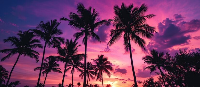 Palm trees' dark purple silhouettes against the sky
