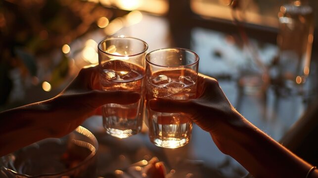 two woman hands cheering with glasses of water at home in the kitchen with lights and shadows