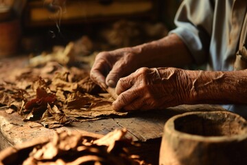Closeup of hands making cigar from tobacco leaves - obrazy, fototapety, plakaty