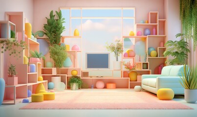 Fototapeta premium A colorful home interior design with a sofa in the middle. Generative AI