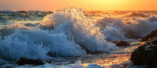 Sunset beach waves crash.