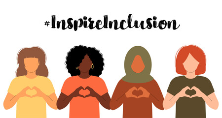 International Women s Day banner. 8 march. Campaign 2024 inspireinclusion. Diverse race group of women hands gesture as heart shape to stop gender discrimination. Flat vector illustration - obrazy, fototapety, plakaty