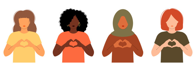 International Women s Day banner. 8 march. Campaign 2024 inspireinclusion. Diverse race group of women hands gesture as heart shape to stop gender discrimination. Flat vector illustration