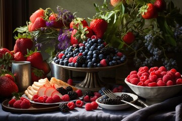 A delectable table adorned with luscious and flavorsome raspberries, tangy strawberries, and succulent blueberries for a delightful dinner. Generative AI