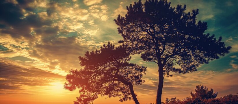 Vintage-filtered image of two pine trees in the sunset.