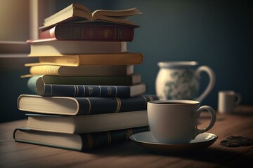 Books stacked with cup on table. Generative AI