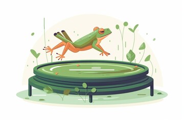 Pretty green frog jumping on white trampoline. Ideal to communicate enthusiasm and joy. Generative AI