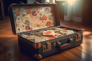 Vintage suitcase with stickers representing country symbols. 3D illustration. Generative AI