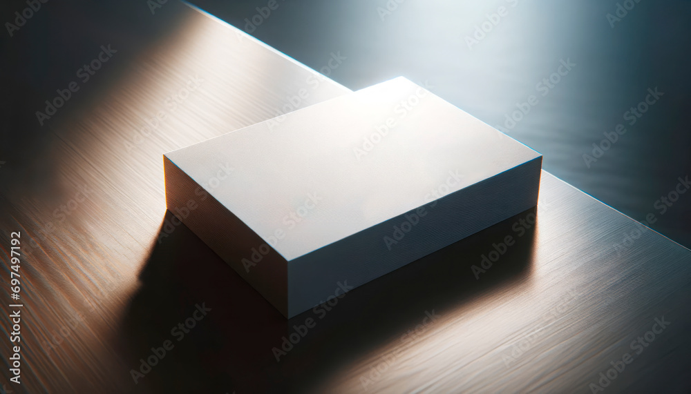 Aufkleber white business card mockup with dynamic shadow on wooden desk. high contrast generative ai