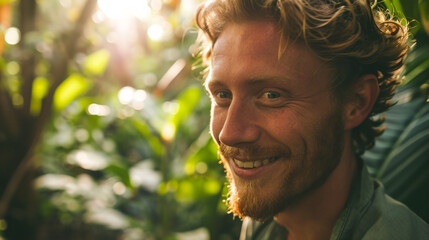 Cinematic closeup portrait of a young Nordic man, looking into camera with happy smiling face , in a jungle like garden filled with exotic plants in vibrant colours - Powered by Adobe