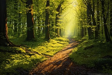 Fototapeta premium Sunlight in the green forest. 3D rendering. Nature background, AI Generated