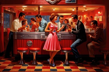 Illustration of a bar counter in a nightclub with a couple, 1950s diner scene with jukebox and dancing couples, AI Generated