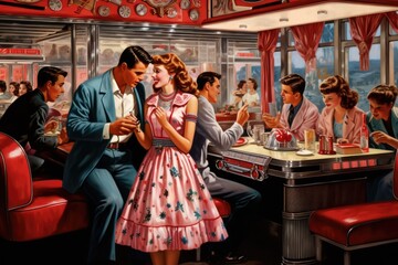 In the interior of a coffee shop in Krakow, 1950s diner scene with jukebox and dancing couples, AI Generated