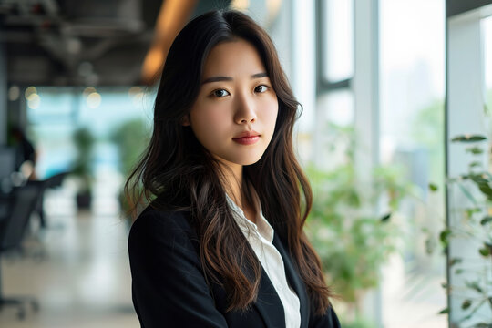 Photo of beautiful chinese business woman age 30 standing in office with confident face looking at the camera