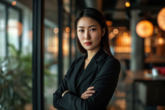 Photo of beautiful chinese business woman age 30 standing in office with confident face looking at the camera